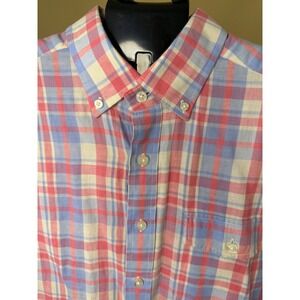 Vineyard Vines Slim Fit Crosby Shirt Mens Large Plaid Cotton Linen Red Blue L